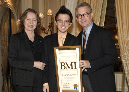 sca_5939 2008 winner Trevor Gureckis accepts his BMI Student Composer Award from BMI Foundation Advisory Panel member Ellen Taaffe Zwilich and BMI Foundation President Ralph N. Jackson