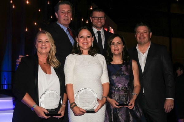 (l-r) Back row NSAI Executive Director Bart Herbison and NSAI president Lee Thomas Miller. Front Row (l-r) Liz Rose, Hillary Lindsey and Lori McKenna (Song of the Year for "Girl Crush") and NSAI Songwriter of the Year Rodney Clawson (Alliance Media Relations / Bev Moser)