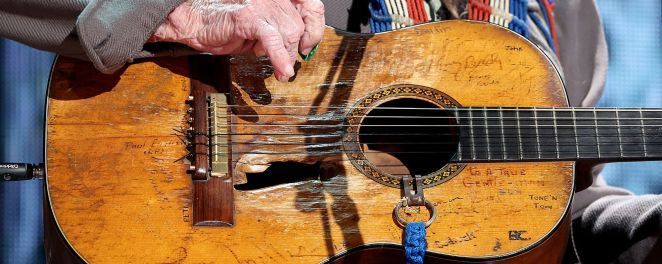 Close up of one of country's most iconic guitars, Trigger, owned by Willie Nelson